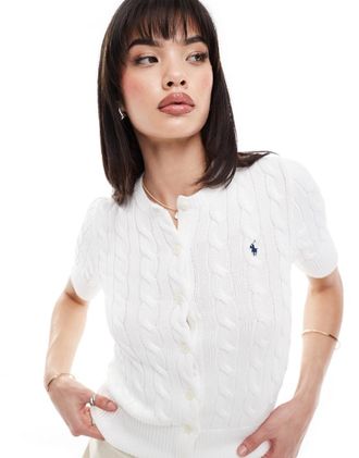 Polo Ralph Lauren Cardigan bianco a maniche corte in maglia lavorata a trecce con logo