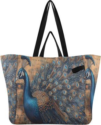 Generic Blue Peacock print Reusable Canvas Tote Bag, Heavy Duty Grocery Shopping Bag with Double Handles Hard Bottom Large Capacity Work Groceries Travel