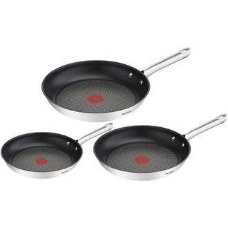 T-fal Duetto Set di 3 Padelle da 20/24/28 cm in acciaio inox, padelle antiaderenti, base spessa, rinforzata a prova di urti, facile pulizia, adatto a