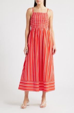 Cleobella Lacey Smocked Sleeveless Cotton & Linen Maxi Dress in Poppy Red /Ivory at Nordstrom Rack, Size X-Small