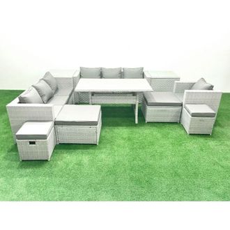 Fimous Rattan Garden Furniture Dining Set 11 Seater Lounge Sofa Chair Dining Table Set with 4 Footstools 2 Side Tables Light Grey Mixed - Fimous