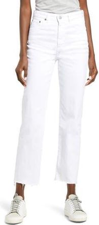 AG - Adriano Goldschmied Alexxis High Waist Raw Hem Ankle Straight Leg Jeans in White at Nordstrom Rack, Size 32