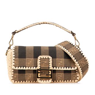 Fendi Brown Pequin Gingham Canvas And Raffia Baguette Satchel