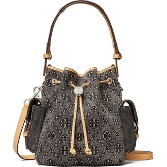Tory Burch T Monogram Denim Bucket Bag in Black at Nordstrom