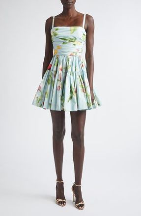 Oscar De La Renta Chin&eacute; Floral Print Ruched Cotton Stretch Poplin Sundress in Saltwater Multi at Nordstrom, Size 12