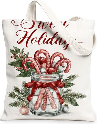 Generic Christmas Floral Canvas Tote Bags, Candy Cane Design Reusable Grocery Bags, Winter Lightweight Washable Shoulder Strap Canv, White, 13x15 Inch