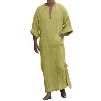 Generic Musilimmorrocan Thobe: Men V-Neck Linen Robe Solid Long Night Gown Casual Loose Shirt Kaftan Thobe Henley Long Sleeve Men Slim Fit Loungewear Bottoms 