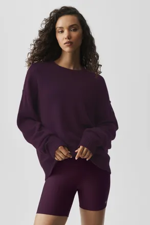 Alo | Wool Cashmere New Class Crewneck Sweater Top in Rich Bordeaux, Size: Small