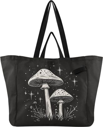 Generic White Mushroom Stars pattern Reusable Canvas Tote Bag, Heavy Duty Grocery Shopping Bag with Double Handles Hard Bottom Large Capacity Work Groceries T