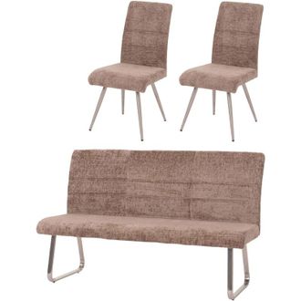 Hhg Hhg - Nunca Usado] Juego De Comedor 221, Juego De 2 Sillas + Banco 180cm, Acero Inoxidable Cepillado Tela/textil Chenilla, Marr&oacute;n