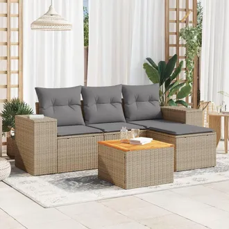 vidaXL Juego De Sof&aacute;s Jard&iacute;n Con Cojines 5 Pzas Rat&aacute;n Sint&eacute;tico Beige Vidaxl
