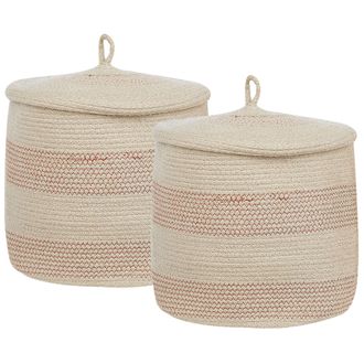 Beliani Conjunto De 2 Cestas De Algod&oacute;n Beige Claro Rosa 32 Cm A Rayas Tapa Silopi