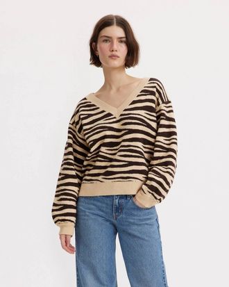 Levi's Flower Sweater Womens Wavy Zebra Long Sleeve V-Neck Cropped FROG605
