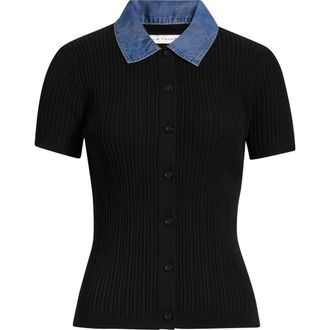 Elie Tahari The Remington Denim Collar Short Sleeve Cardigan in Noir/Denim at Nordstrom, Size X-Large