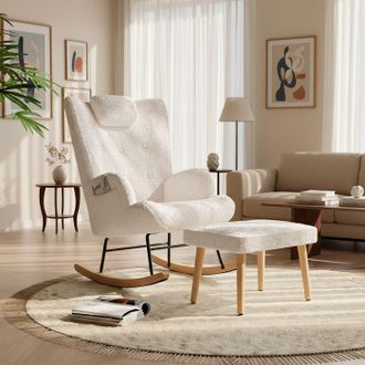 OEM Sill&oacute;n Mecedora 1 Plaza Terciopelo Teddy Blanco Con Reposacabezas Y Reposapi&eacute;s - 66x70x89 Cm