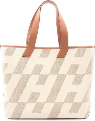 Herm&egrave;s Beige Brown Canvas Toile H Swift Leather Tote Bag (Pre-Owned)