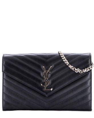 Saint Laurent Black Matelasse Chevron Leather Classic Monogram Wallet On Chain Medium (Authentic Pre-Loved)