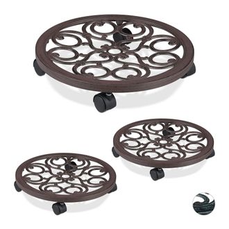 Relaxdays 3 Soportes Para Macetas Con Ruedas, Base Redonda De Interior Y Exterior, &Oslash; 38 Cm, Aluminio, Marr&oacute;n