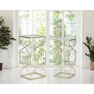 Dmora Dmora - Mesa De Caf&eacute; Bibbiena, Mesa De Centro Baja, Revistero Para Sof&aacute;, Estante De La Sala De Estar, Oro, 32x32 H68 Cm