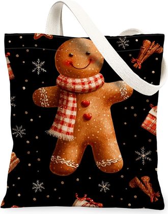 Generic Gingerbread Canvas Tote Bags, Cute Holiday Biscuits Pattern Reusable Grocery Bags, Festive Winter Lightweight Washable Shoulder Strap Canvas for Shopp
