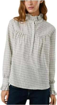 Pepe Jeans London Blouse met gerimpelde hoge hals en ruitjesprint - Dames - Blouses - Wit - L - Overhemden