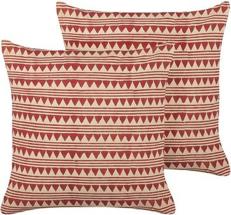 Beliani Conjunto De 2 Cojines De Algod&oacute;n Rojo Beige 45 X 45 Cm A Mano Geom&eacute;trico Deglupta