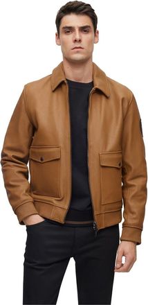 HUGO BOSS Mens Mylen Solid Patterned Ribbed Cuff Bomber Jacket in Brown - Size 44 (Chest)