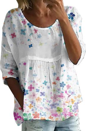 Generic Floaty Tops for Women UK, Linen Tops for Women UK, 3/4 Sleeve Crew Neck Boho T-Shirts Elegant Floral Print Blouses Breathable Lightweight Shirts Linen