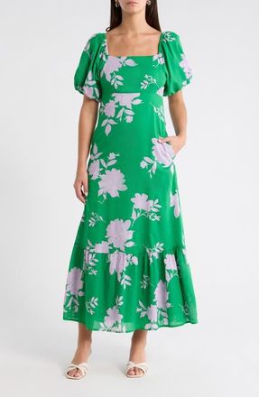Sugarlips Zama Floral Xena Puff Sleeve Midi Dress in Kelly-Pink-Multi at Nordstrom, Size X-Large