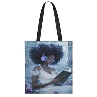 Generic Black Woman Reading with Headphone Womens Tote Casual Shopping Bag Lightweight Shoulder Bags Hobos Handbag for Work Travel Daily 35x40cm