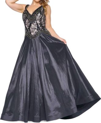 Mac Duggal Shiny Taffeta Fit And Flare Ball Gown - Plus In Black/nude