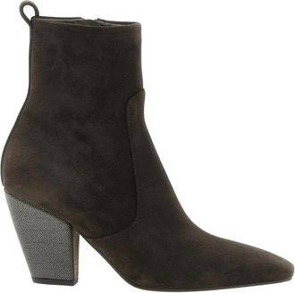 Brunello Cucinelli Su&egrave;de enkellaarsjes met kostbare hak - Dames - Cowboylaarzen - Bruin - 38 EU - Su&egrave;de - Schoenen