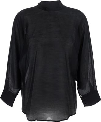 Merci Black Shirt With Pussybow Collar And Buttoned Cuffs In Fabric Woman