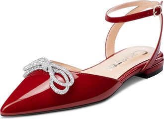 Castamere Women Low Heel Pointed Toe Ankle Strap Flats Shoes Pumps Court Shoe Rhinestone Crystal Prom Party 1 CM Heels Burgundy Wine Red 10 UK