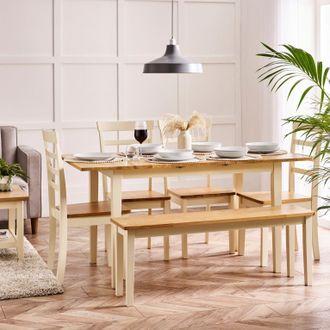 Furniturebox Salcombe Extending Rectangular Wooden Table with 4 Whitby Chairs & 1 Large Bench in Cream