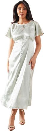 Wallis Petite Satin Jacquard Button Through Midaxi Dress, 18, Green