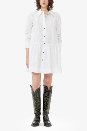 Ganni White Cotton Poplin Mini Shirt Dress - Size 34 Organic