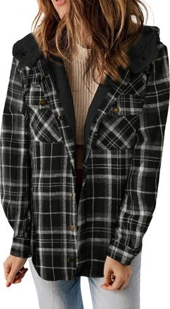 Dokotoo Womens Jackets Plaid Hooded Long Sleeve Button Down Ladies Chunky Cardigans Coat Winter Jacket for Women Fashion Shacket Warm Fuzzy Fleece Womens Coat