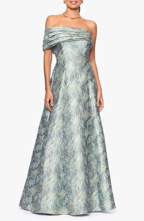 Betsy & Adam Floral Brocade Off the Shoulder Gown in Sage/Ivory at Nordstrom, Size 10P