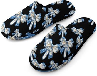 Generic Christian Bow Flannel Mens Slip-on Slippers Winter Warm House Shoes with Rubber Sole for Home Hotel