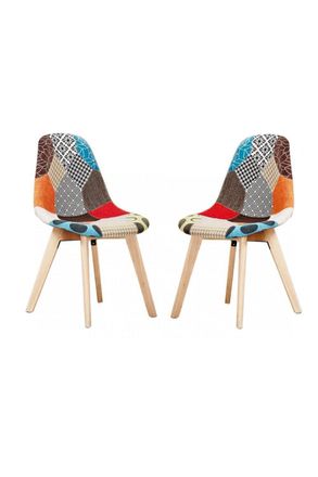 Life Interiors Set of 2 Patchwork Fabric Dining Chairs with Wooden Legs, Mid-Century Modern Accent Chair