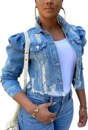 Generic Womens Ripped Puff Sleeve Denim Crop Top Long-Sleeve Cropped Jean Jacket (blue,XL)