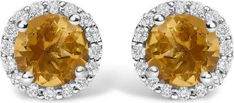 House of Brilliance 10K White Gold Orange Citrine and 1/6 Cttw Diamond Halo Stud Earring