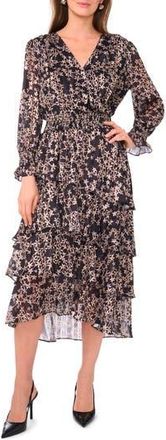 Vince Camuto Floral Metallic Stripe Long Sleeve Tiered Maxi Dress in Rich Black at Nordstrom Rack, Size Xx-Small