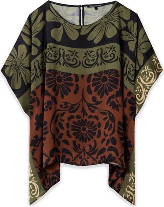 Luisa Cerano Cape Blouse met Bladprint - Dames - Blouses - Veelkleurig - M - Satijn - Overhemden