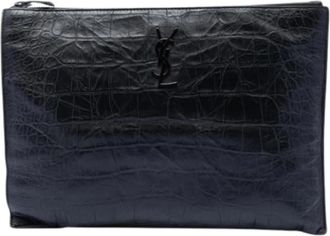 Saint Laurent Pre-owned Croc Embossed Leren Clutch - Dames - Vintage Clutch - Zwart - ONE Size - Leer - Vintage
