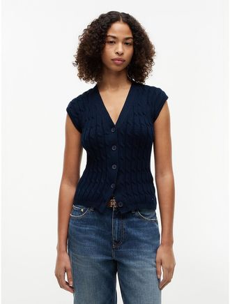 Tommy Hilfiger Womens Cable Knit Cardigan Vest - Navy - XS