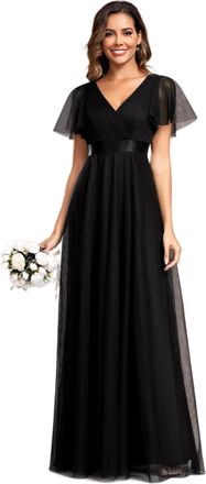 Ever-pretty Womens V Neck Floor Length A Line Empire Wasit Short Sleeve Tulle Long Bridesmaid Dresses Black 24UK