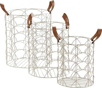 CosmoLiving by Cosmopolitan Silvertone Metal Glam Storage Basket with Faux Leather Handles - Set of 3 at Nordstrom Rack