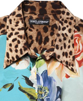 Dolce & Gabbana Mens Multicolor Floral Animal Print Collared Shirt Silk